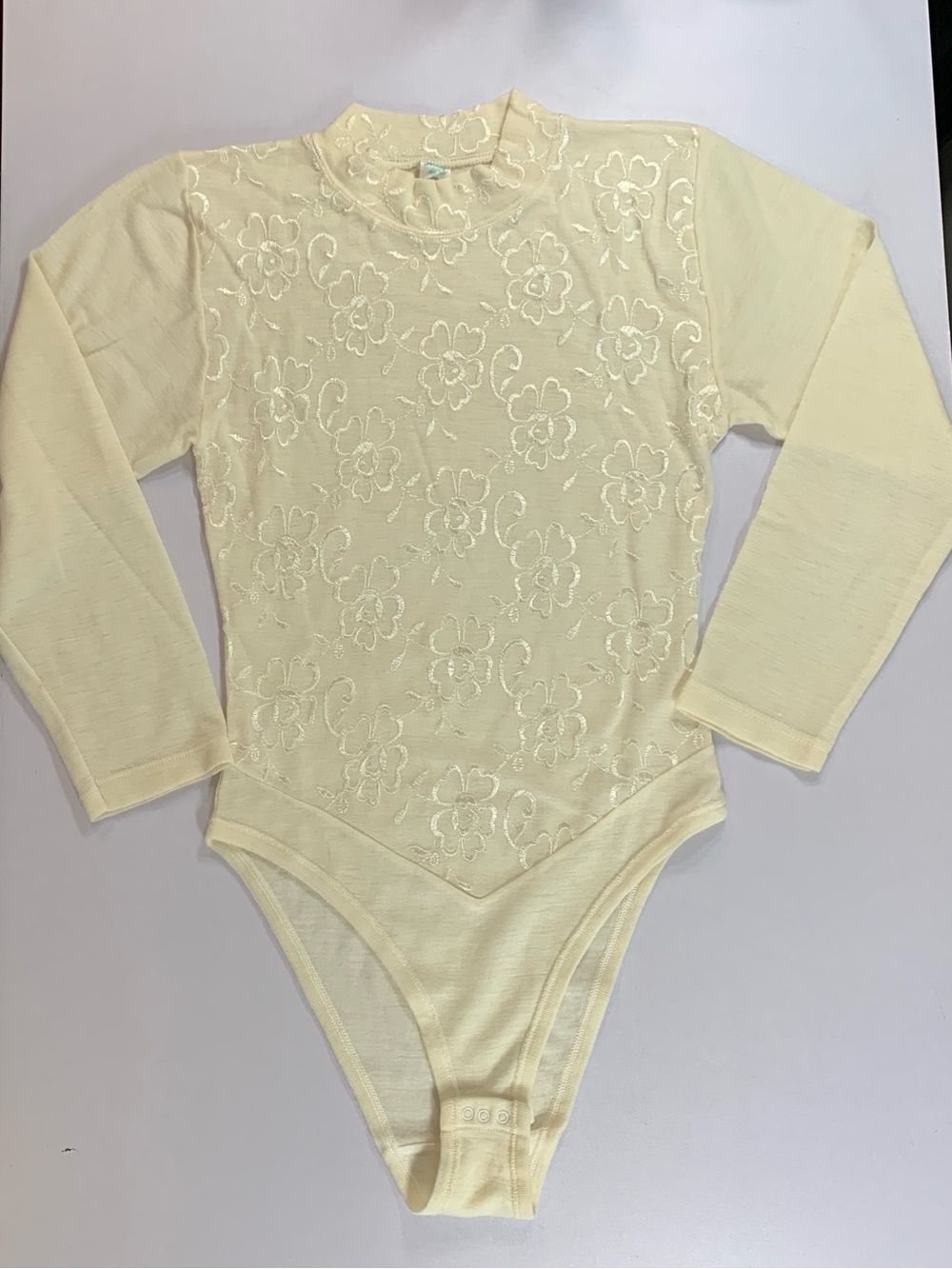 Vintage Mock Neck Bodysuit XS Cream Ivory Long Sleeve Floral Embroidered 80s 90s